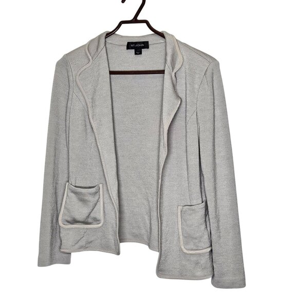 St. John Womens Open Front Knit Blazer Size 8 Gray Piped Trim Pocket Detail - Picture 1 of 11